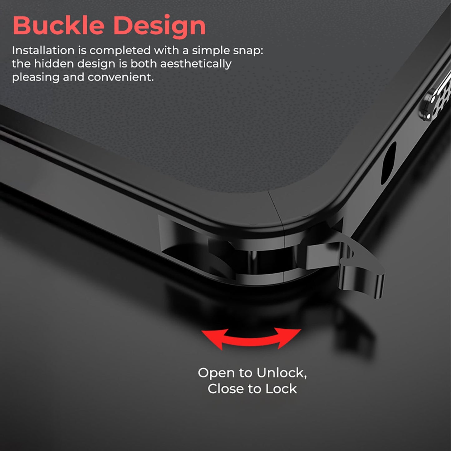 Oppo Reno 14 5G Close-up of a buckle design on a product with text explaining its functionality.