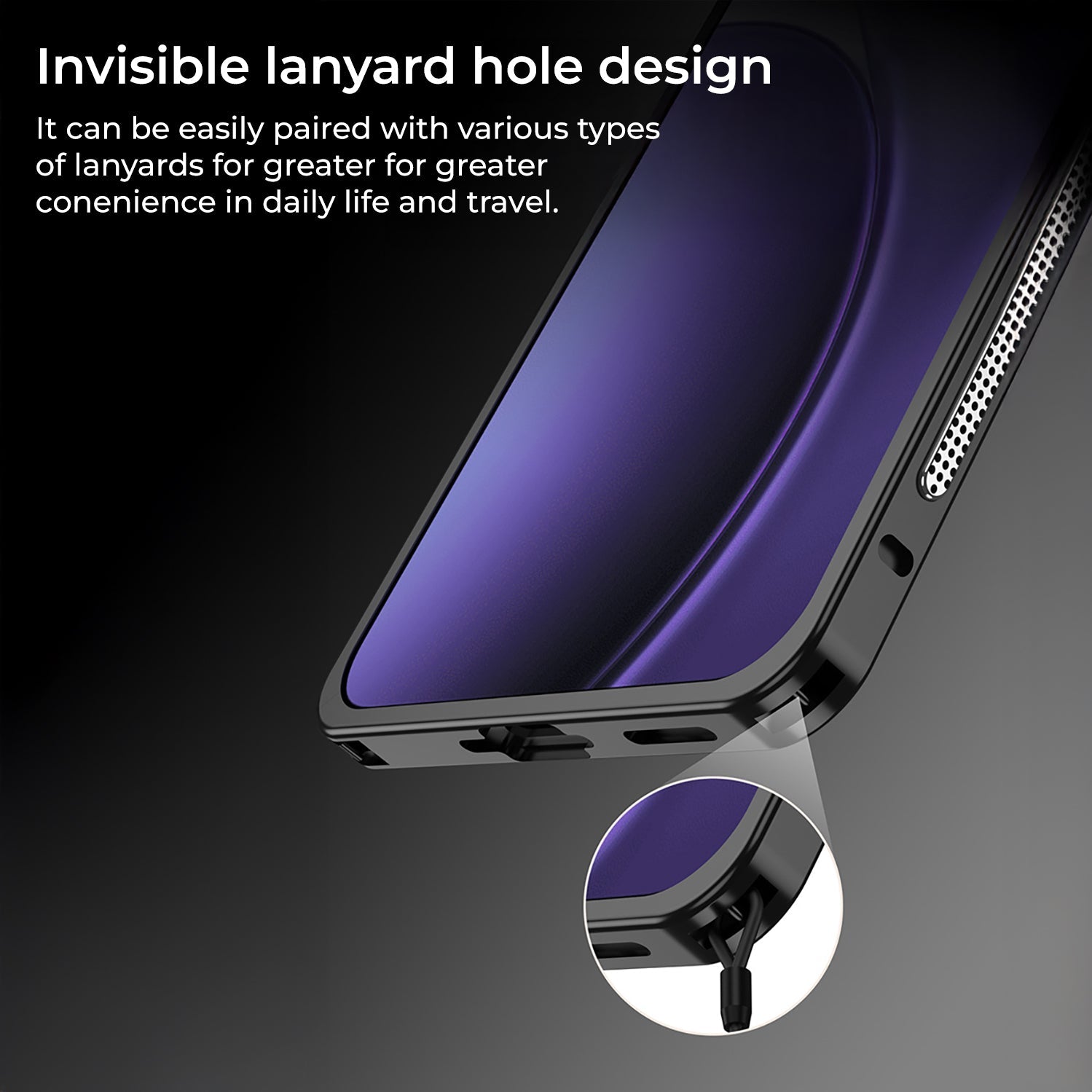 Oppo Reno 14 5G Phone case with invisible lanyard hole design on a dark background