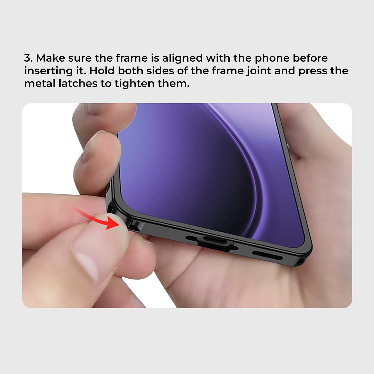 Oppo Reno 14 5G Person holding a phone with a protective frame, aligning and pressing metal latches.